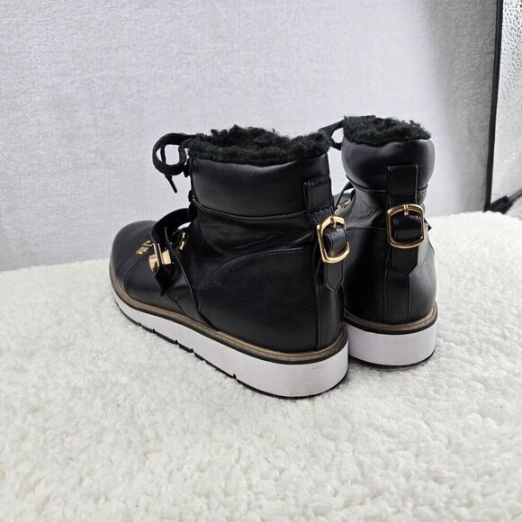Ankle Boots Urban Hiking Black Lace-Up ARI Justfab Faux Shearling Gold Tone Buck - Picture 2 of 15